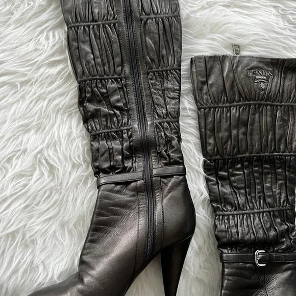 PRADA Black Ruched Leather High Heel Boots - Picture 5 of 5